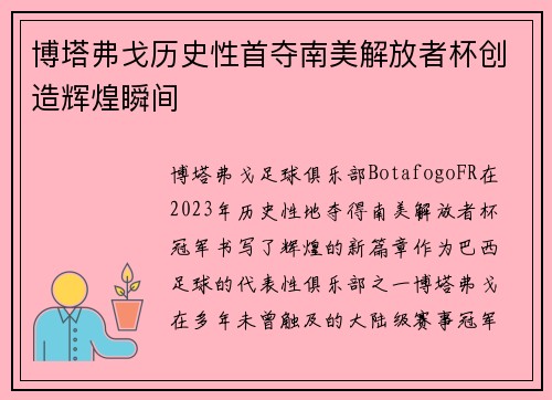 博塔弗戈历史性首夺南美解放者杯创造辉煌瞬间 博塔弗戈历史性首夺南美解放者杯创造辉煌瞬间